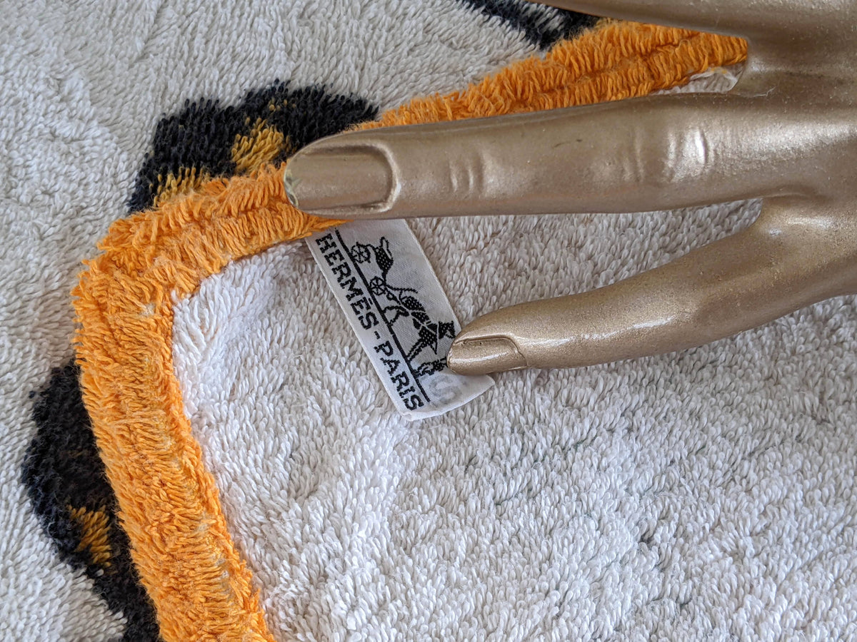 Hermes Vintage Orange/White " Leopards" Cotton Terry Beach Towel 90 x 150