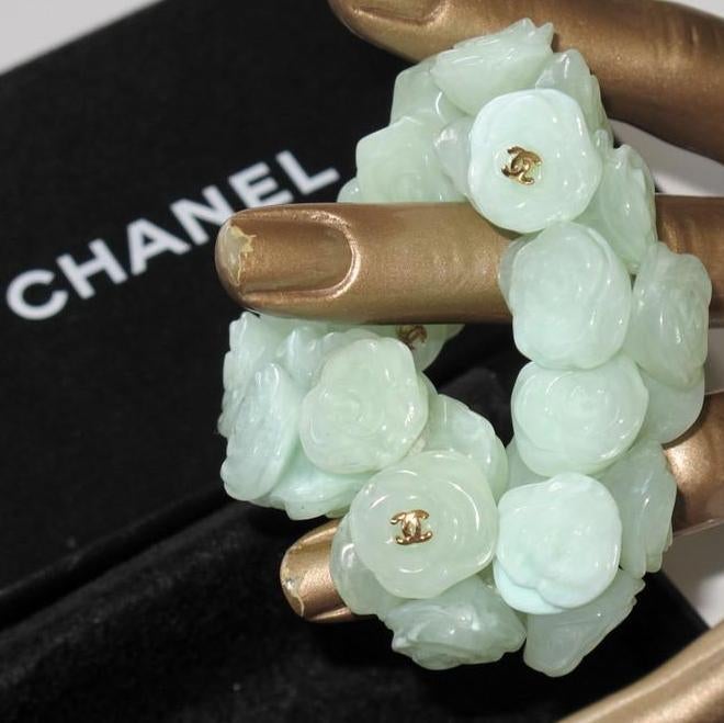 Chanel 2011 Celadon 'Poured Glass' Resine Camelias Bracelet, NIB! - poupishop