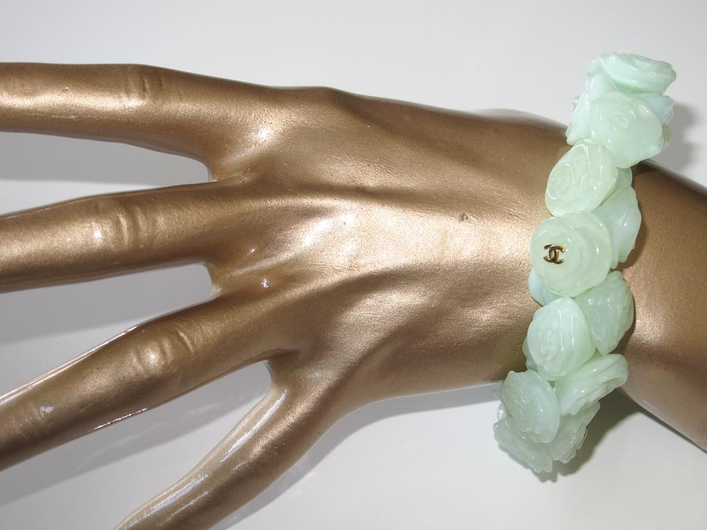 Chanel 2011 Celadon 'Poured Glass' Resine Camelias Bracelet, NIB! - poupishop