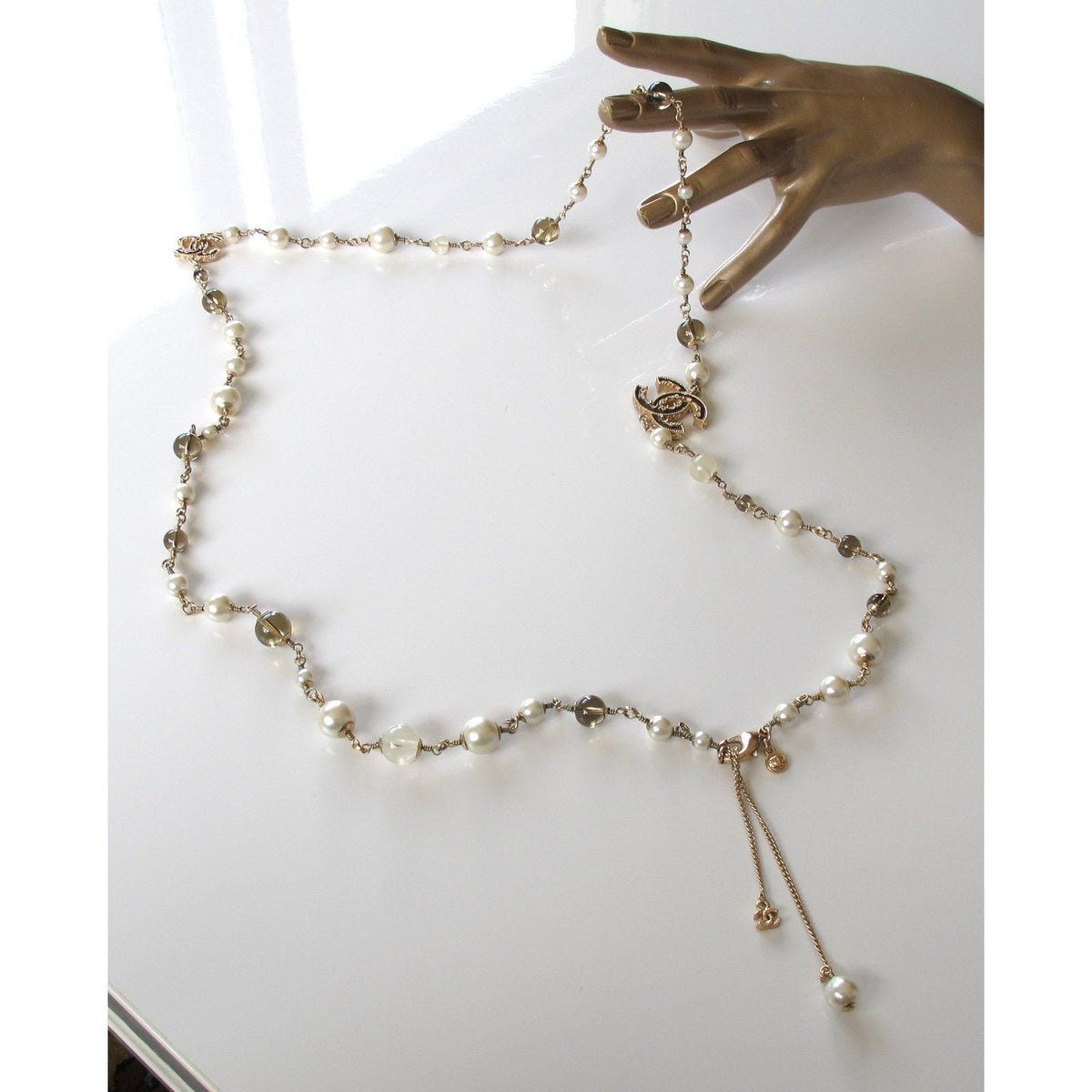 Chanel 2013 Aged Gold Long Sautoir Poured Glass Pearls Gripoix Enamel CC, Box! - poupishop