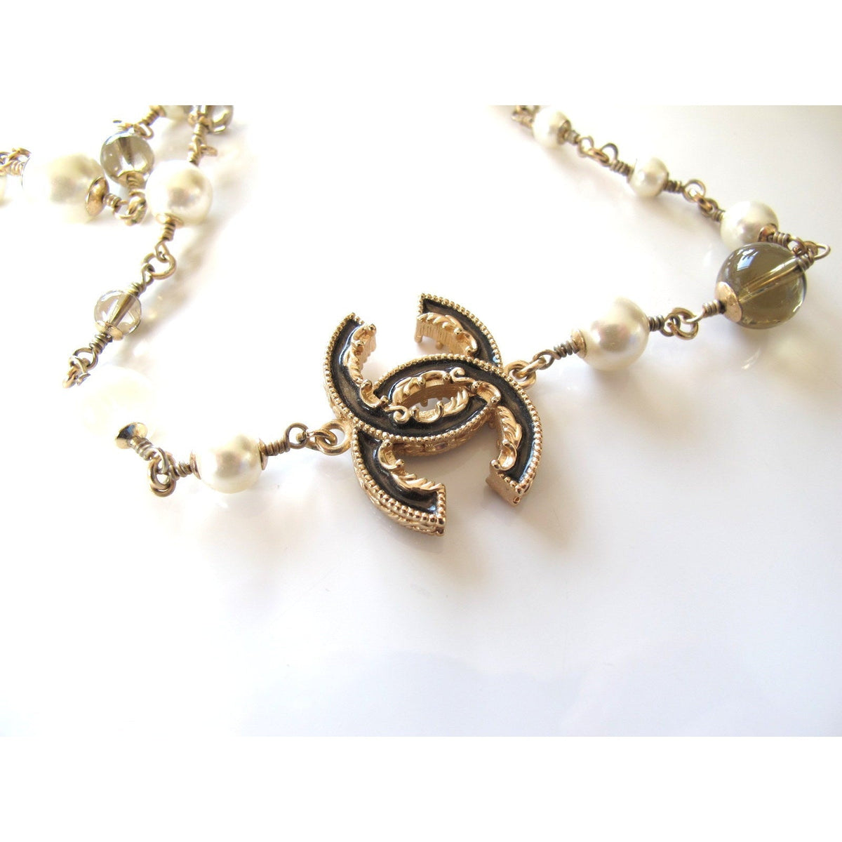 Chanel 2013 Aged Gold Long Sautoir Poured Glass Pearls Gripoix Enamel CC, Box! - poupishop