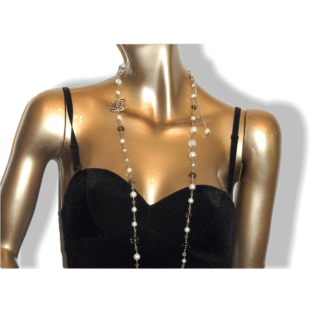 Chanel 2013 Aged Gold Long Sautoir Poured Glass Pearls Gripoix Enamel CC, Box! - poupishop