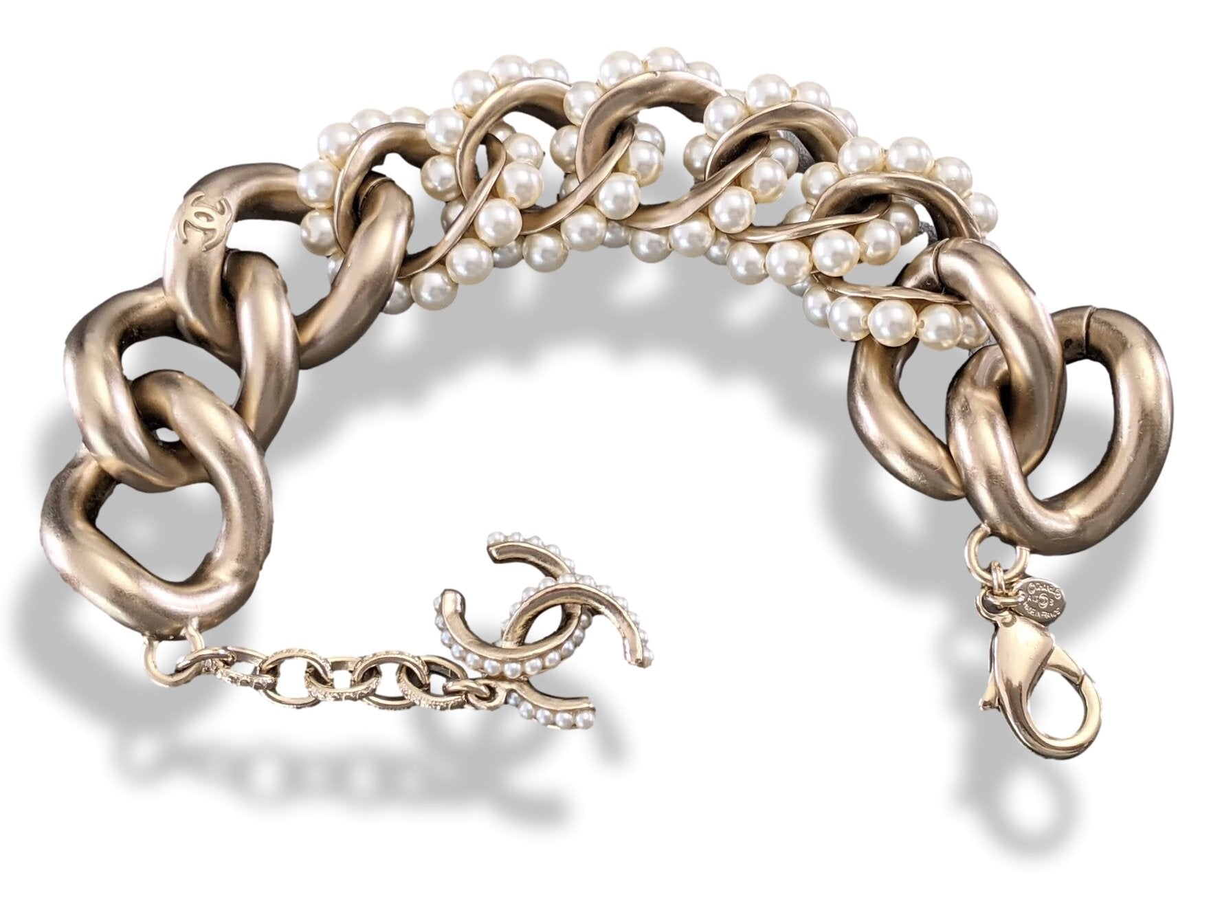 Chanel 2013 Permabrass/Pearls Gripoix Links Chain Bracelet, New! - poupishop