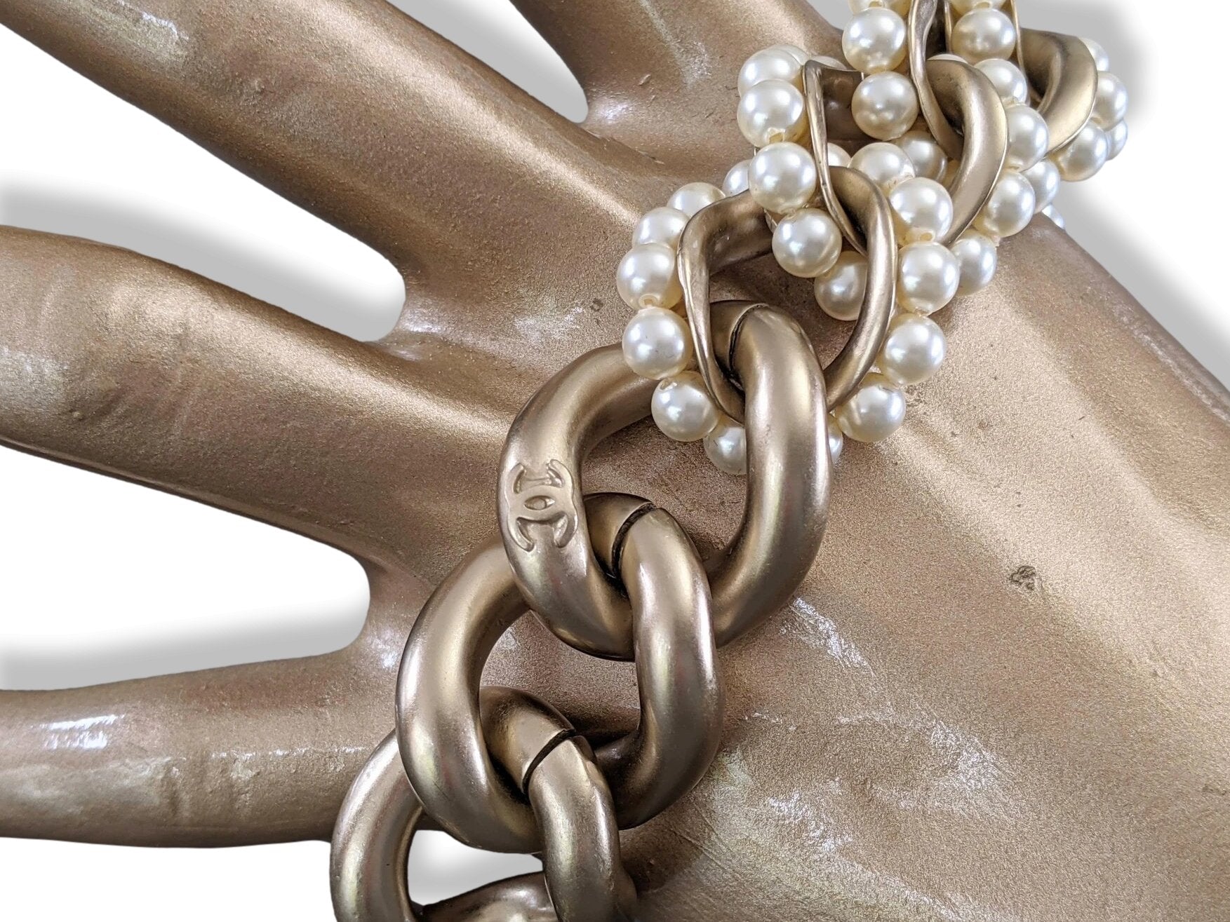 Chanel 2013 Permabrass/Pearls Gripoix Links Chain Bracelet, New! - poupishop