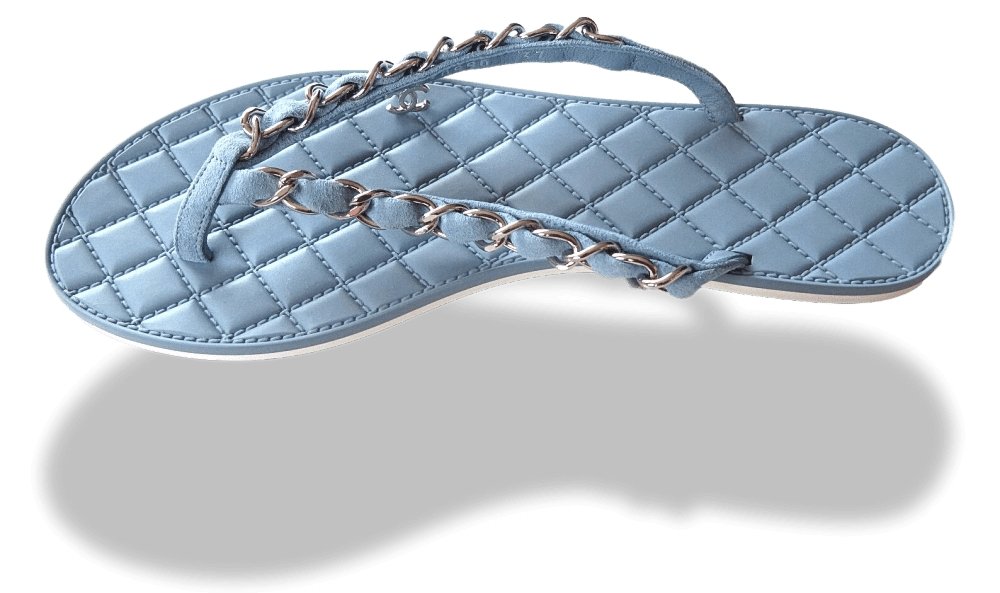 Chanel 2015 Blue Leather Tongs Intertwined Chains Flat Women Shoes, Sz37, NIB! - poupishop