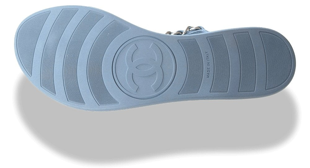 Chanel 2015 Blue Leather Tongs Intertwined Chains Flat Women Shoes, Sz37, NIB! - poupishop