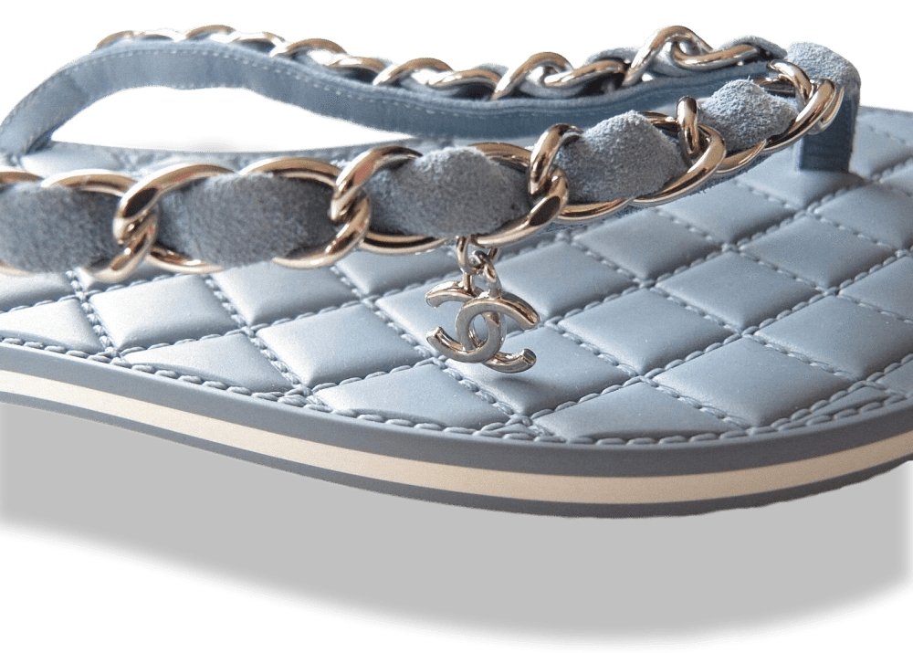Chanel 2015 Blue Leather Tongs Intertwined Chains Flat Women Shoes, Sz37, NIB! - poupishop