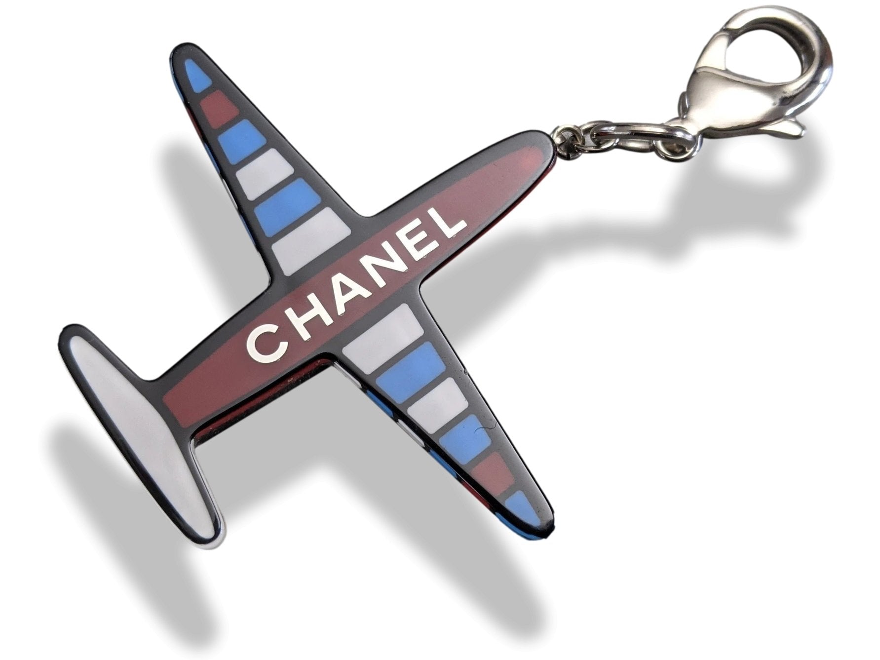 Chanel 2016 Blue/White/Red Resin Striped Airplane Keychain KeyRing, New! - poupishop