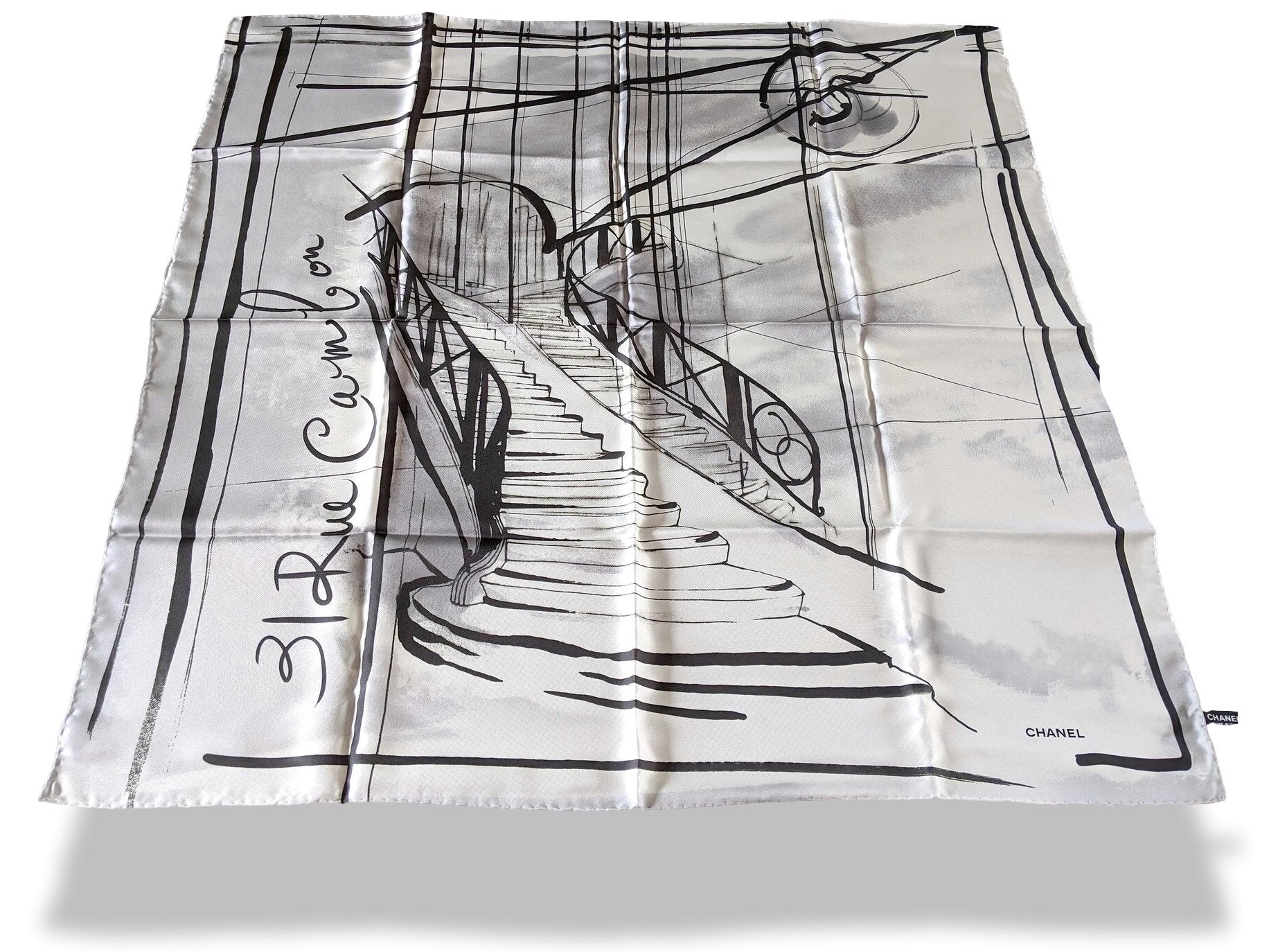 Chanel Noir/Blanc/Gris 31 RUE CAMBON Twill Silk Scarf 90cmcm, NIB! - poupishop