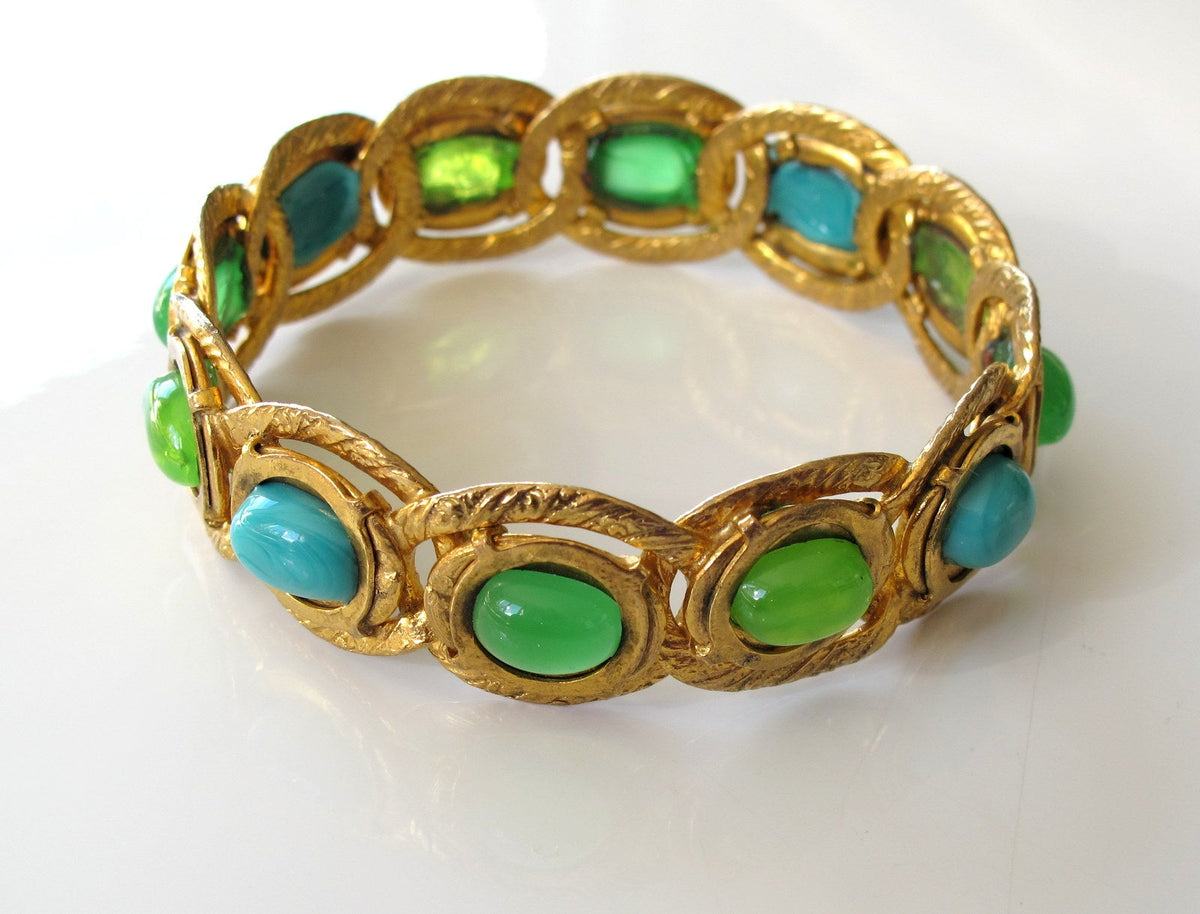 Chanel Vintage 1970s Green Turquoise Poured Glass and Stones Bangle Bracelet - poupishop