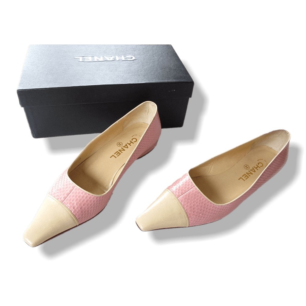 Chanel Vintage Pink Exotic Lizard & Cream Leather Square-Toe Flat Women Shoes, NIB! - poupishop