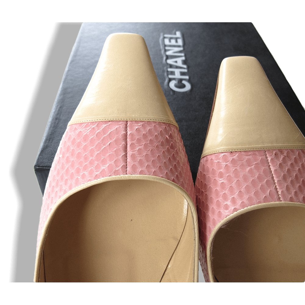 Chanel Vintage Pink Exotic Lizard & Cream Leather Square-Toe Flat Women Shoes, NIB! - poupishop