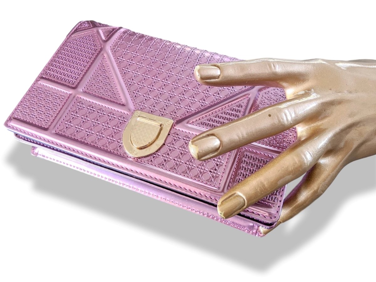 Christian Dior Pink Metallic Calfskin Micro-Cannage DIORAMA POUCH 19 cm Pochette Flap Bag WOC, New! - poupishop