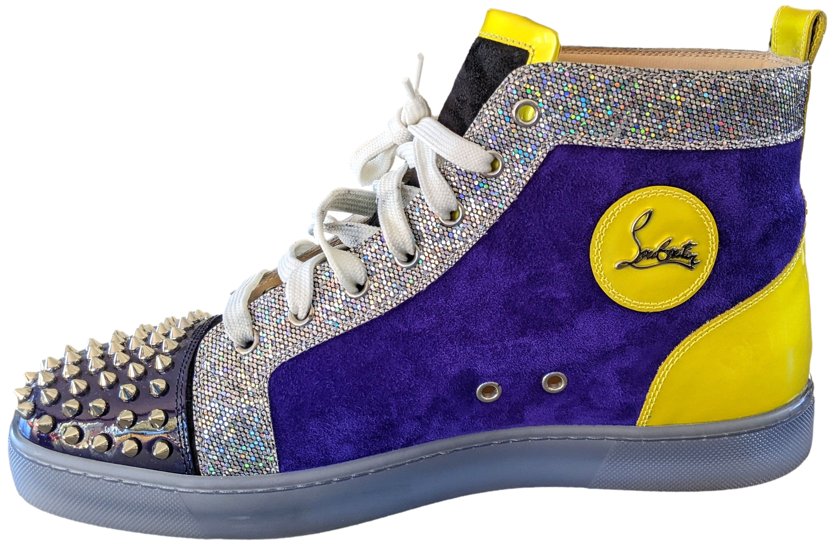 Christian Louboutin Neon/Purple Suede/Sequins " Lou Spikes " High Top Sneakers Sz44