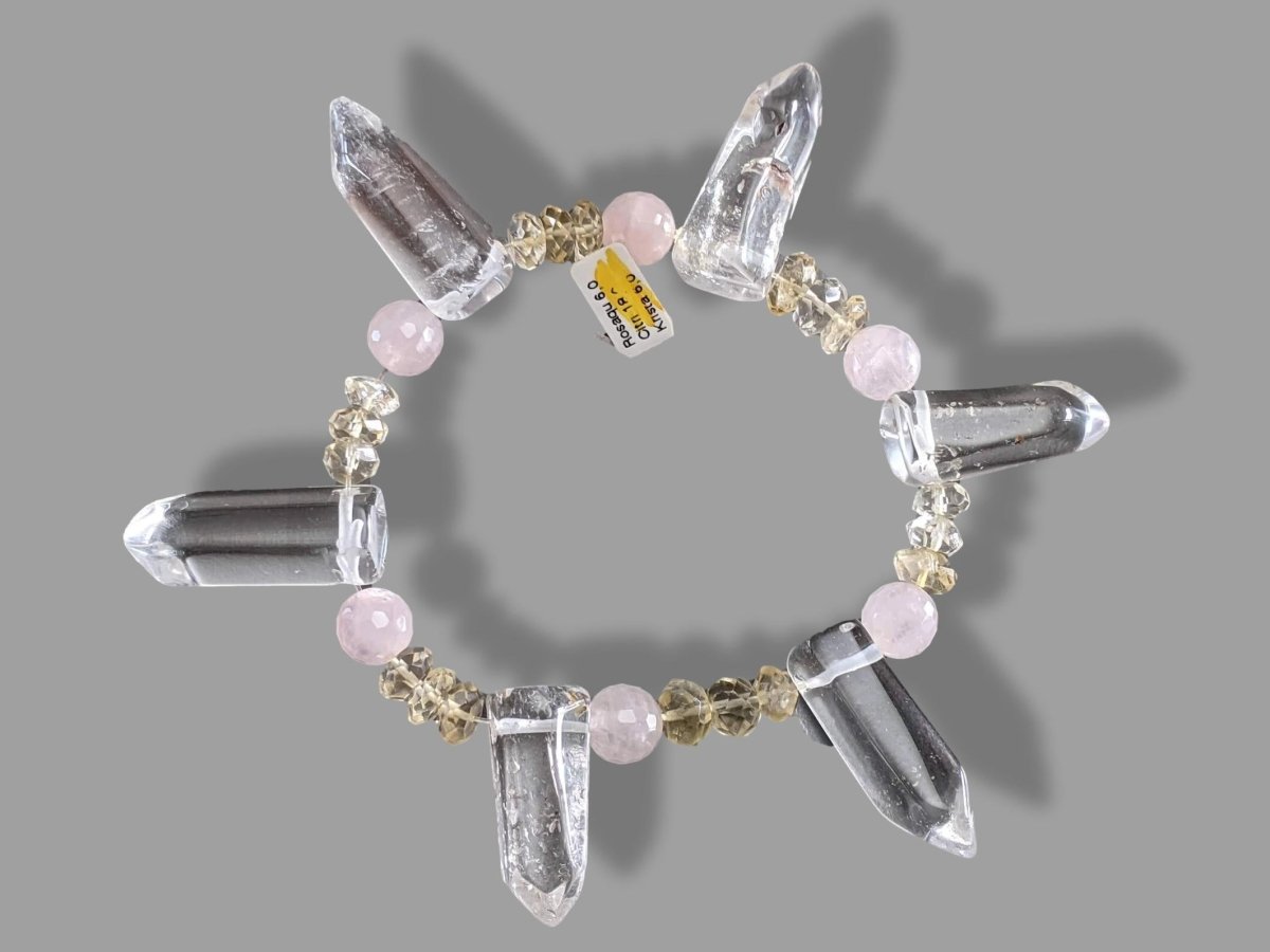 Citrin/Rosenquarz/Rock Crystal Natural Stone Elasticated Bracelet, NWT! - poupishop