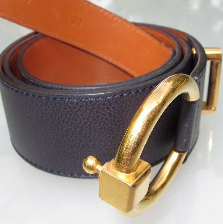 Delvaux Vintage Navy Blue Leather Belt Sz90cm - poupishop