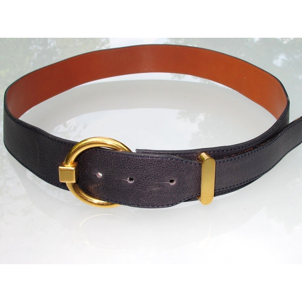 Delvaux Vintage Navy Blue Leather Belt Sz90cm - poupishop