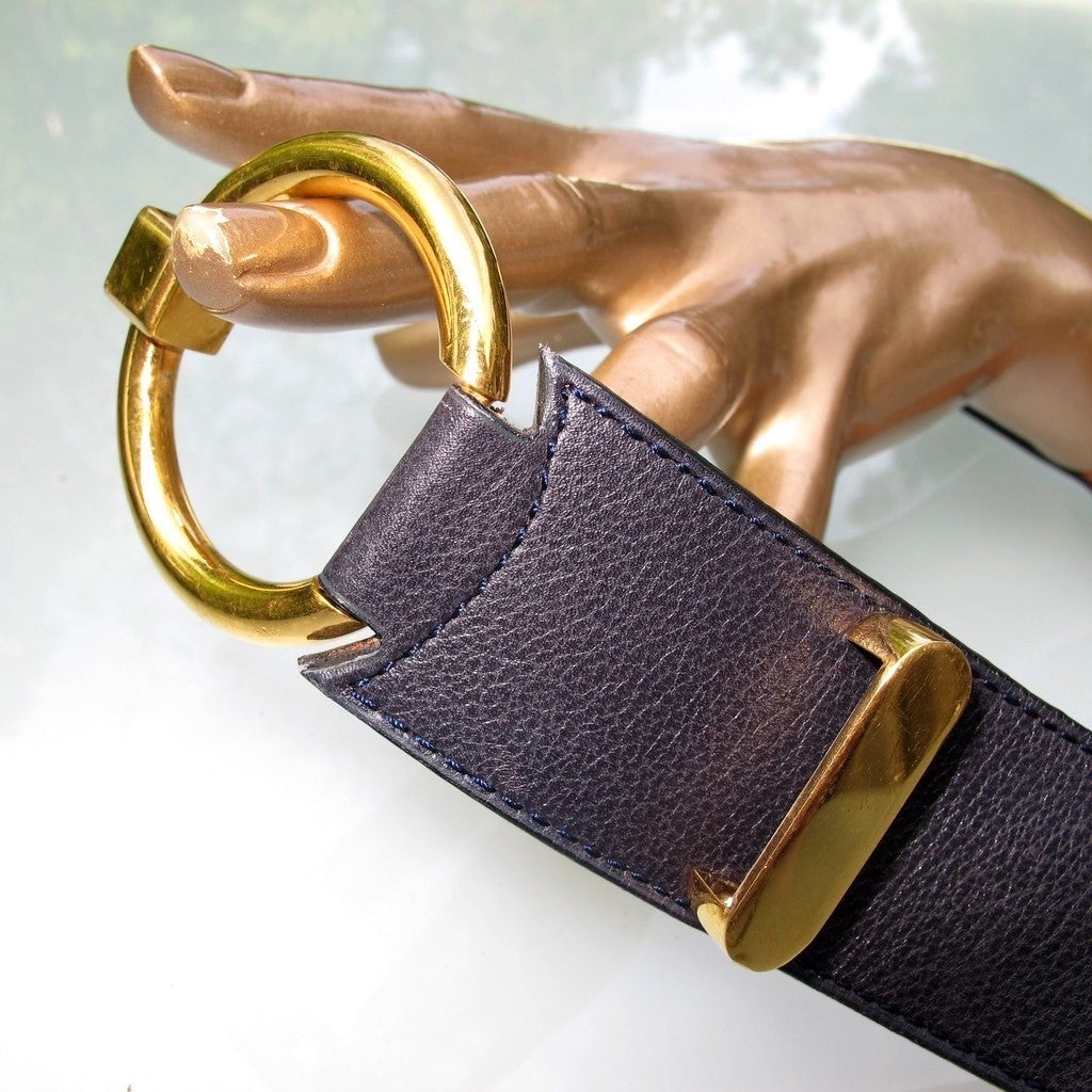Delvaux Vintage Navy Blue Leather Belt Sz90cm - poupishop