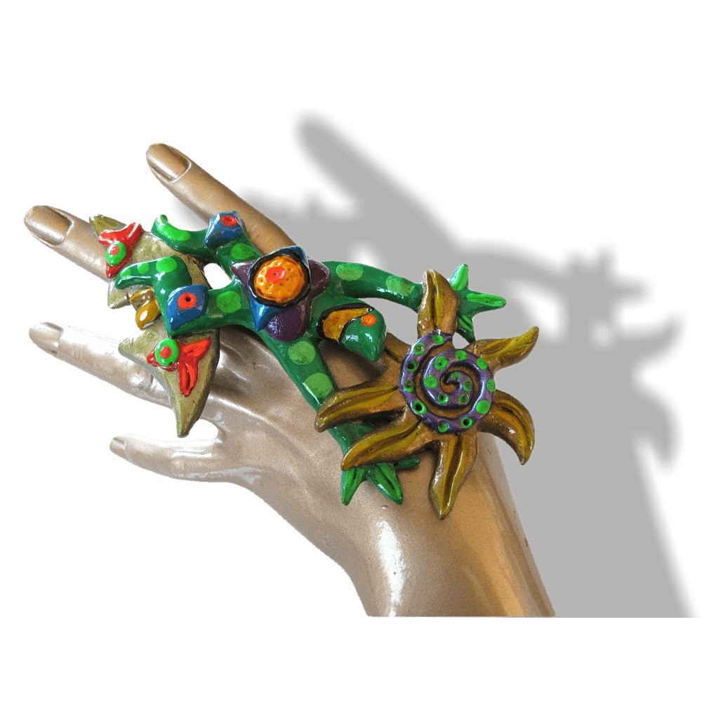 Frederica Matta 1980s Moon-Sun Huge Painted Wood Artist Brooch, Rare! - poupishop