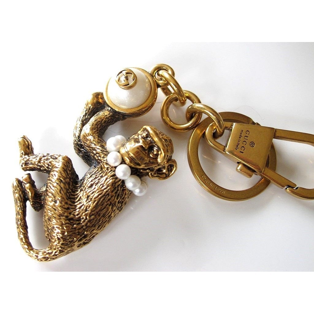 GUCCI Carved Brass & Pearls Monkey KeyRing, Bag Charm - poupishop