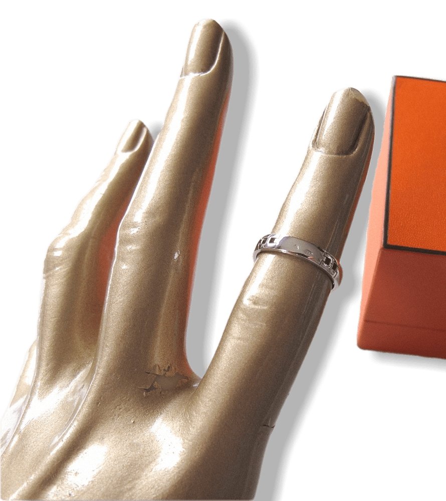 Hermes 18K White Gold Hercules H Ring Sz53