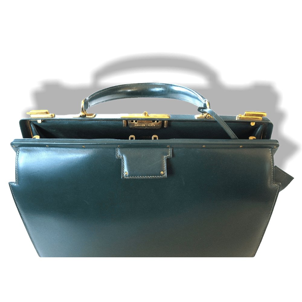 Hermes 1950s Green Box Leather 404 Retro Doctor Bag Handbag