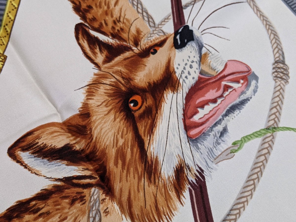 Hermes 1958 CHASSE AU RENARD by Hugo Grygkar Blanc Matt Oerprint Twill 90 Incredible!