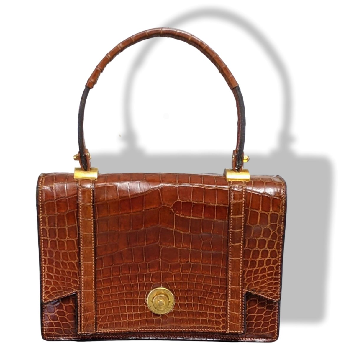 Hermes Vintage 1960s Black Crocodile Skin Top Handle Handbag