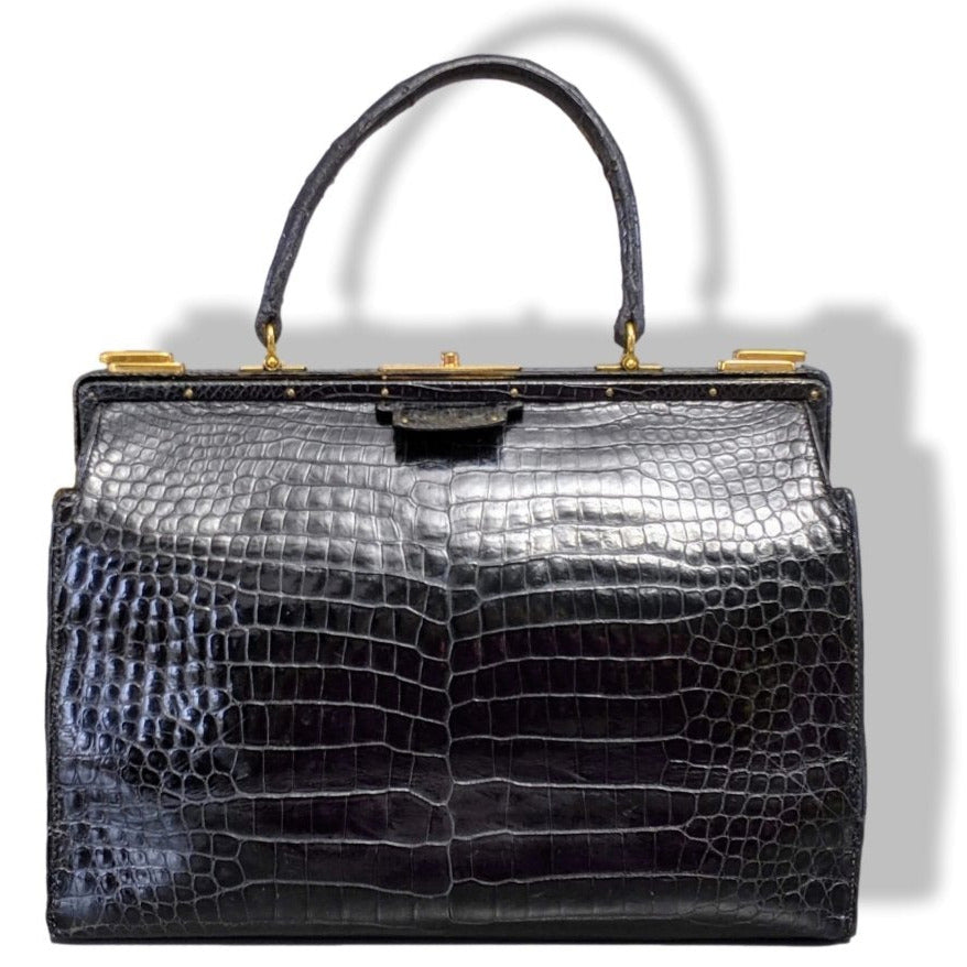 Hermes 1950s Noir Crocodile Porosus SAC 404 Retro Mallette Doctor Bag, Incredible!