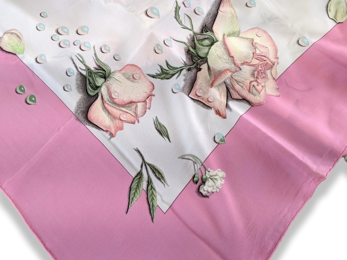 Hermes 1960s Vintage Rose Bonbon/Blanc Silk Georgette LA ROSEE CREPE GM Shawl 140 CM, Rare!
