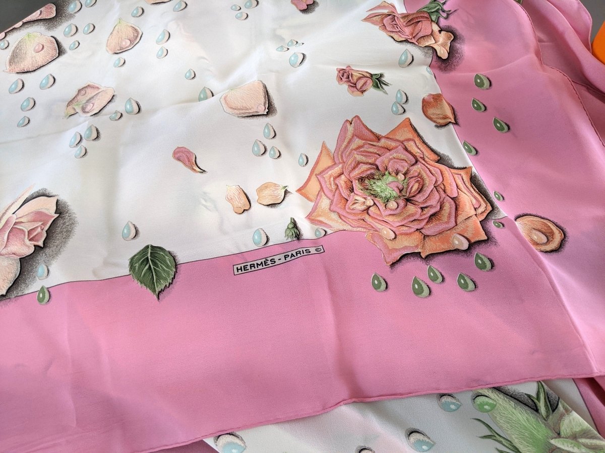 Hermes 1960s Vintage Rose Bonbon/Blanc Silk Georgette LA ROSEE CREPE GM Shawl 140 CM, Rare!