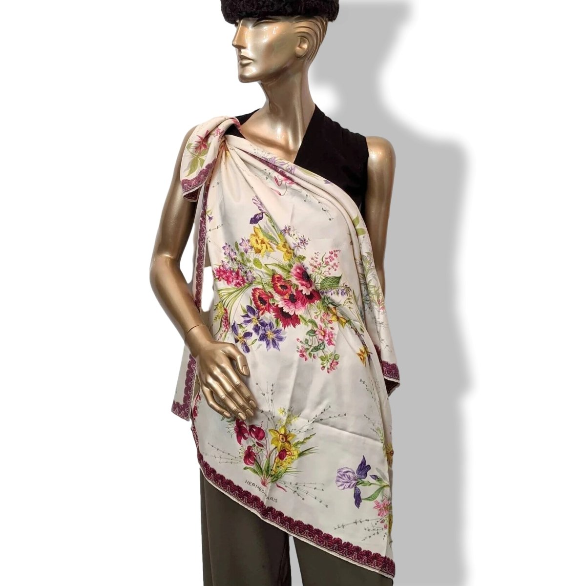 Hermes 1961 Bordeaux/ White/Multi FLEURS ET GALONS by MME LA TORRE Twill 90, Rare!