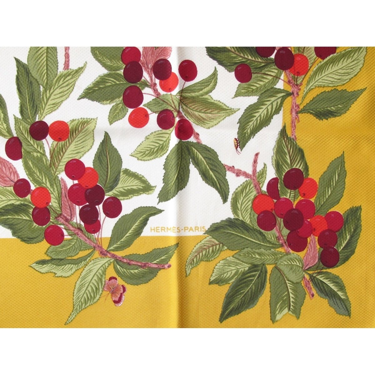 Hermes 1962 Gold White Les Cerises Jacquard Twill Silk 90, Rare! - poupishop