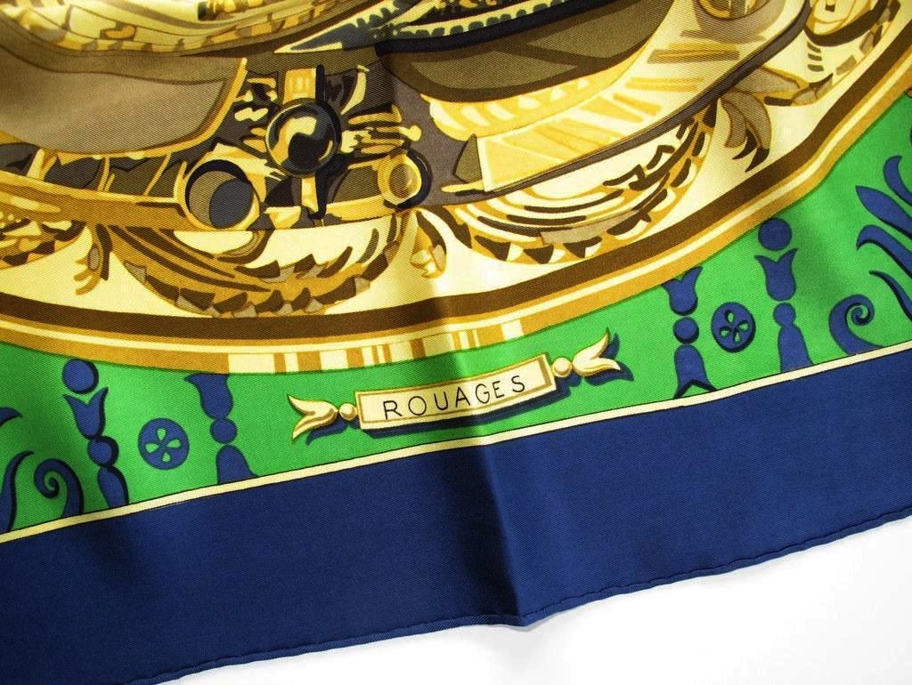Hermes 1966 Navy/Green Rouage by Francois Heron Twill 90, Rare! - poupishop
