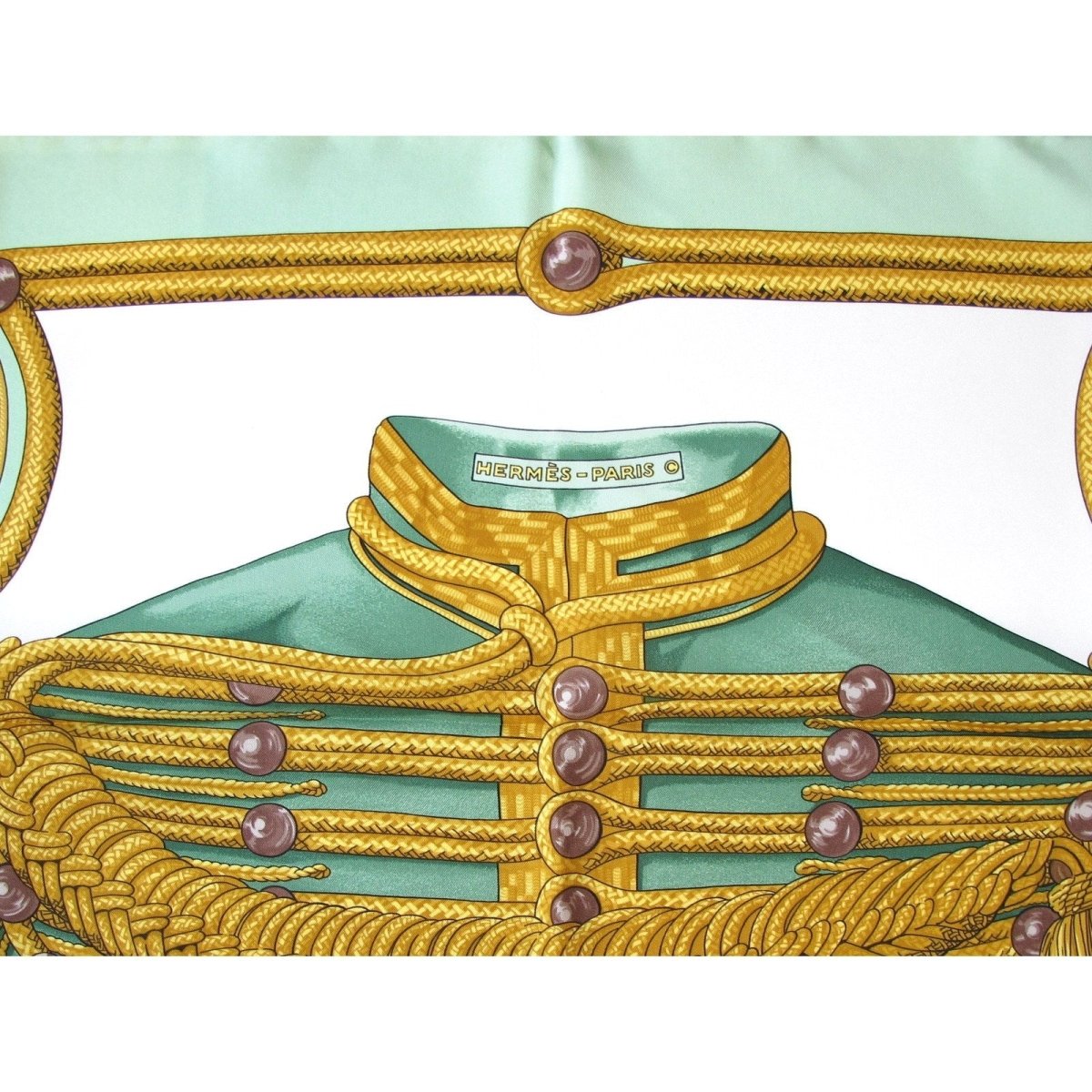 Hermes 1972 Pistachio White Gold Brandebourgs by Caty Latham Twill 90, Box - poupishop