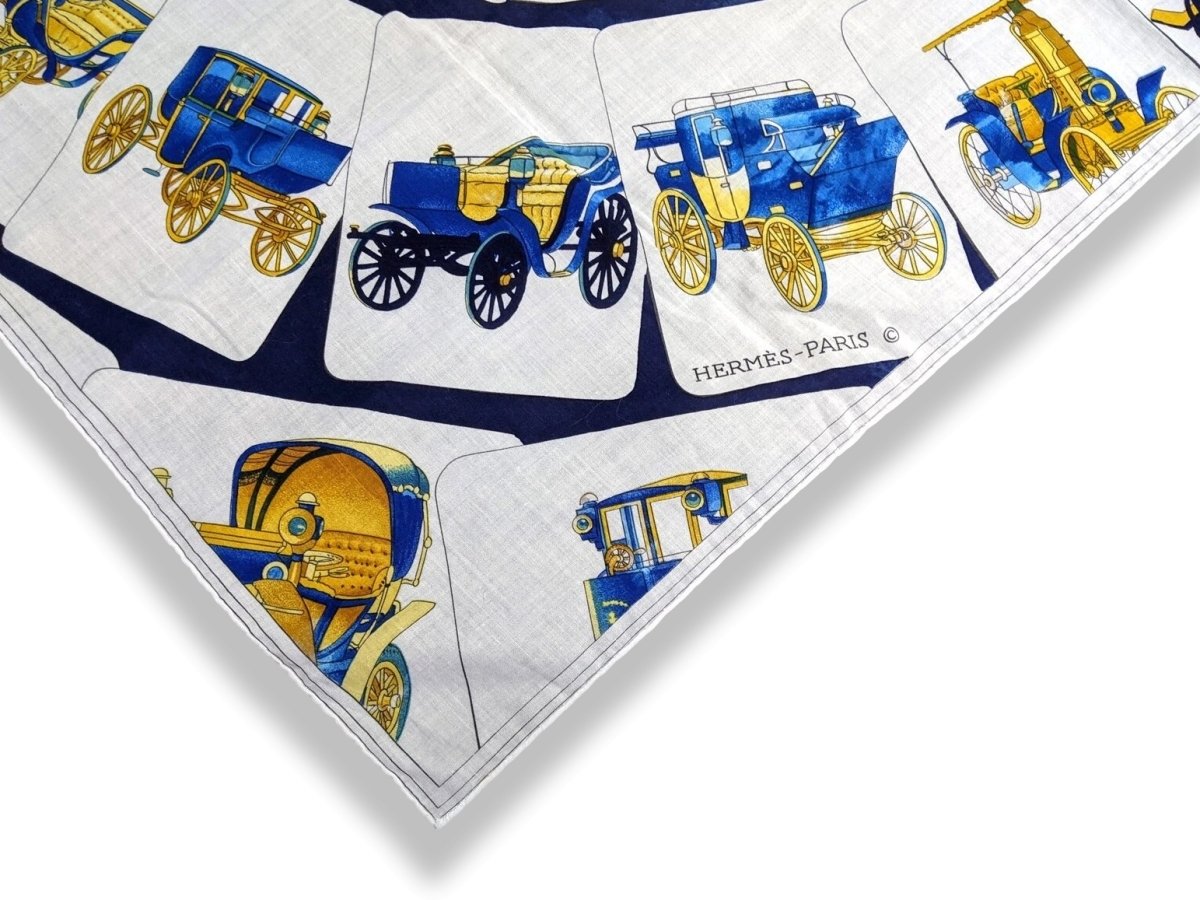Hermes 1975 Navy/White Carrosserie by Philippe Ledoux Twill Cotton Carre Scarf, Mint!