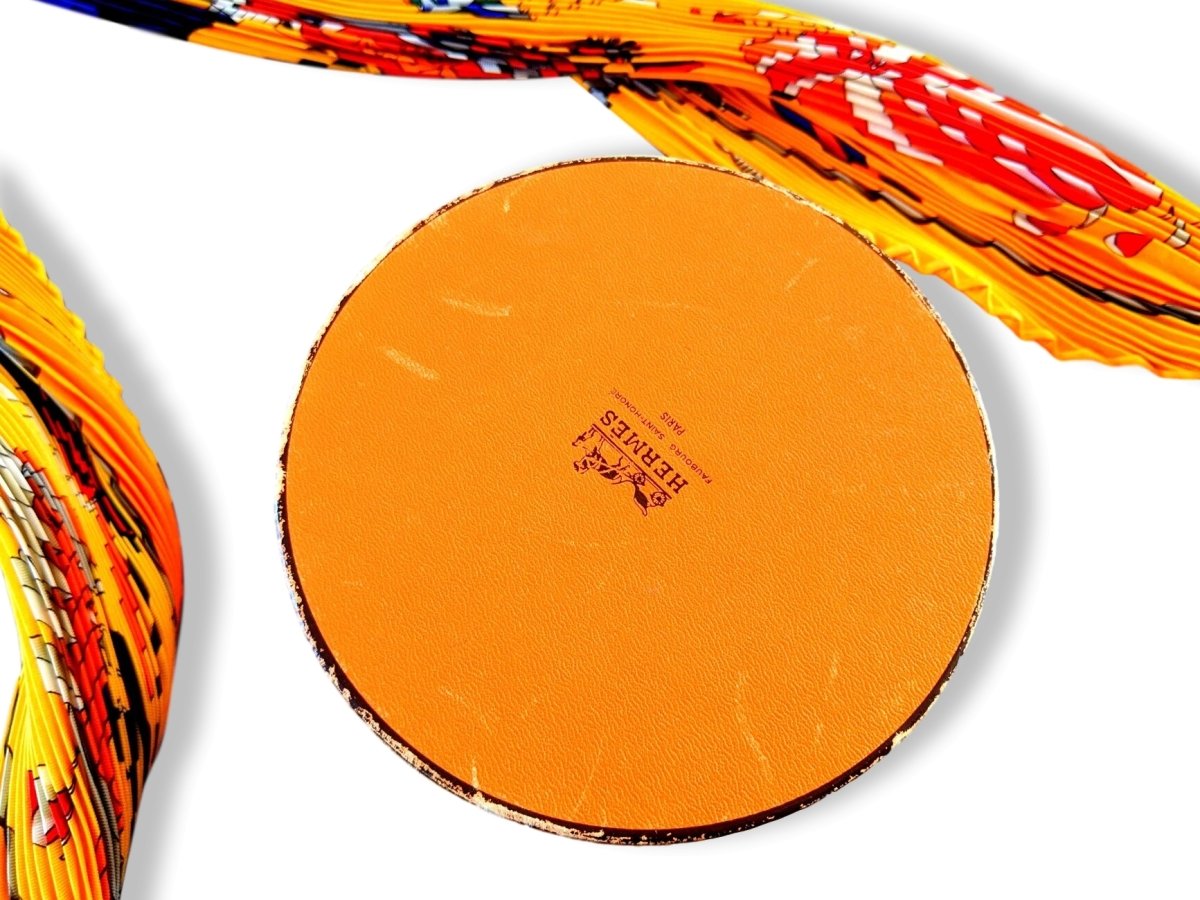 Hermes 1980-90s Orange/Jaune LES FOLIES DU CIEL by Loic Dubigeon Pleated Plisse Twill 90, Box!