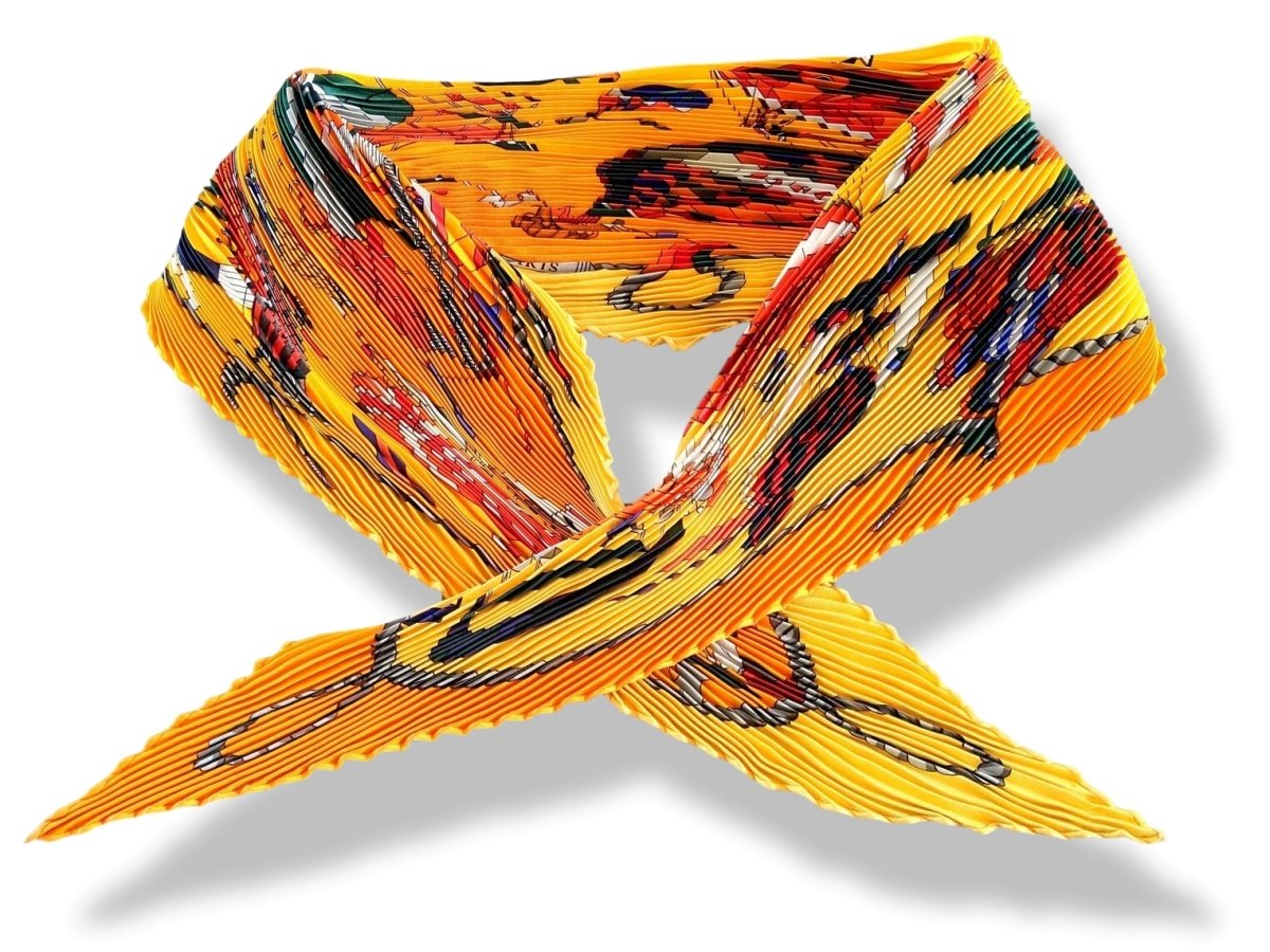 Hermes 1980-90s Orange/Jaune LES FOLIES DU CIEL by Loic Dubigeon Pleated Plisse Twill 90, Box!