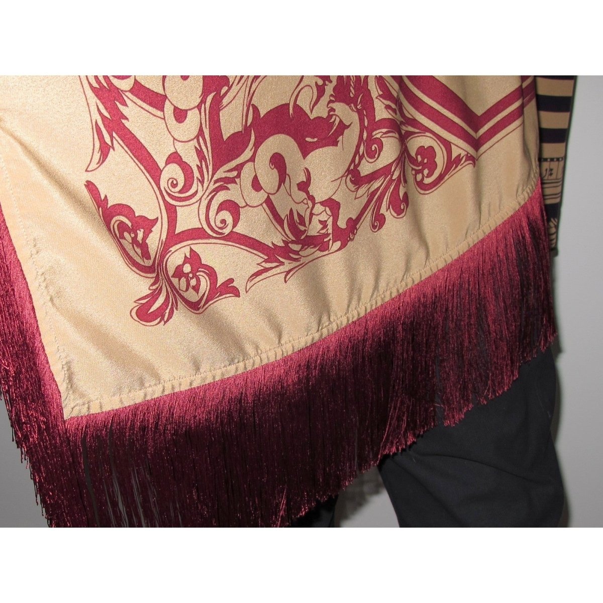 Hermes 1980s Caramel Navy Burgundy Astrologie Dies et Hore Huge Fringed Silk Cape Ponchetole - poupishop
