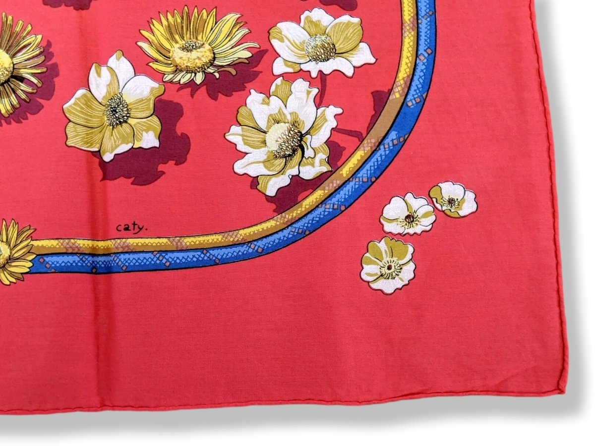 Hermes 1980s Red FLEURS DE MONTAGNE by Caty Latham with Blanc Matt Overprint Cotton Carre Scarf 90 cm, Lovely!