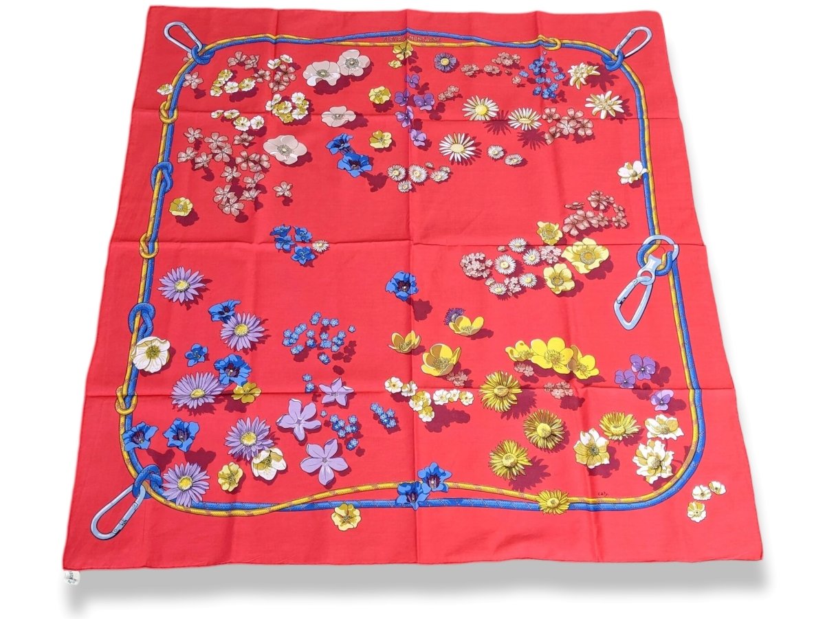 Hermes 1980s Red FLEURS DE MONTAGNE by Caty Latham with Blanc Matt