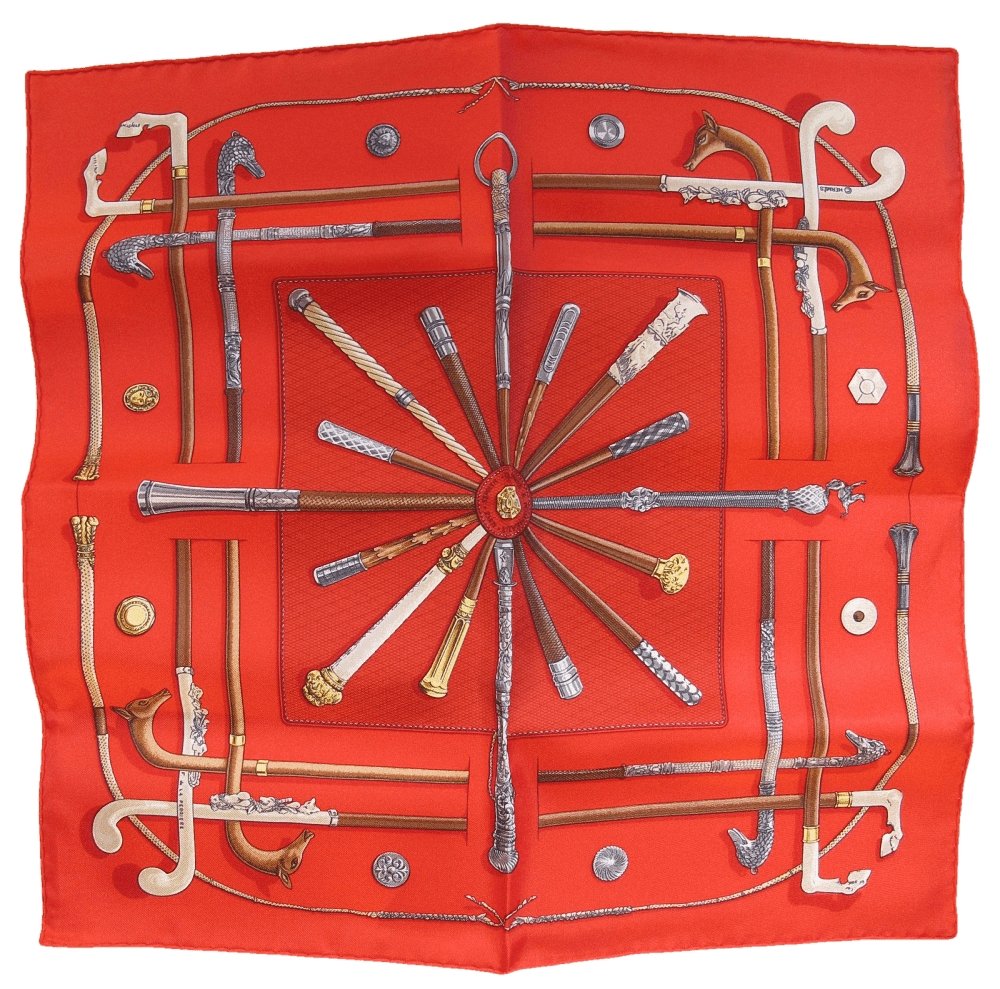 Hermes 1985 Red Cannes & Pommeaux Twill Gavroche
