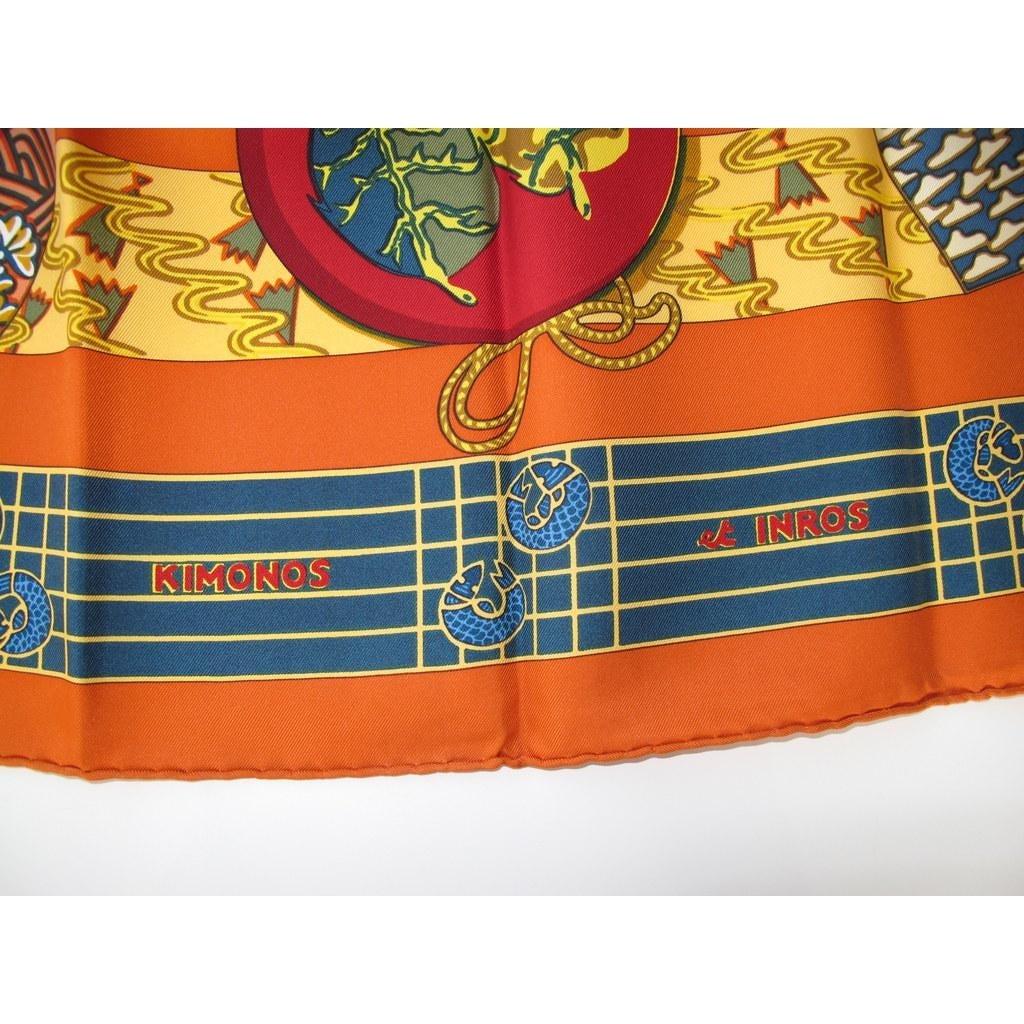 Hermes 1986 Deep Orange Kimonos et Inros by Annie Faivre Twill 90, NIB! - poupishop