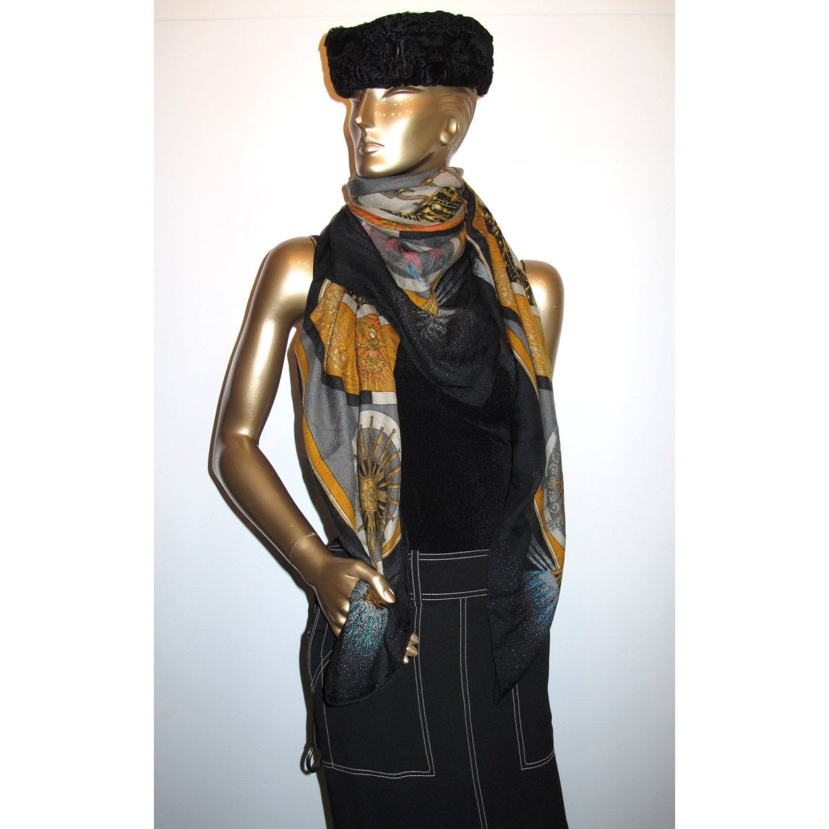 Hermes 1987 Black/Grey Feux D'artifice First Issue Cashmere Shawl 140 - poupishop