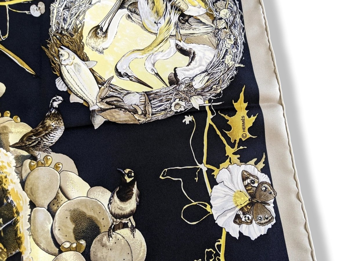 Hermes 1987 Noir/Beige/Gold FAUNE ET FLORE DU TEXAS Wildlife by Kermit Oliver Blanc Matt Twill 90