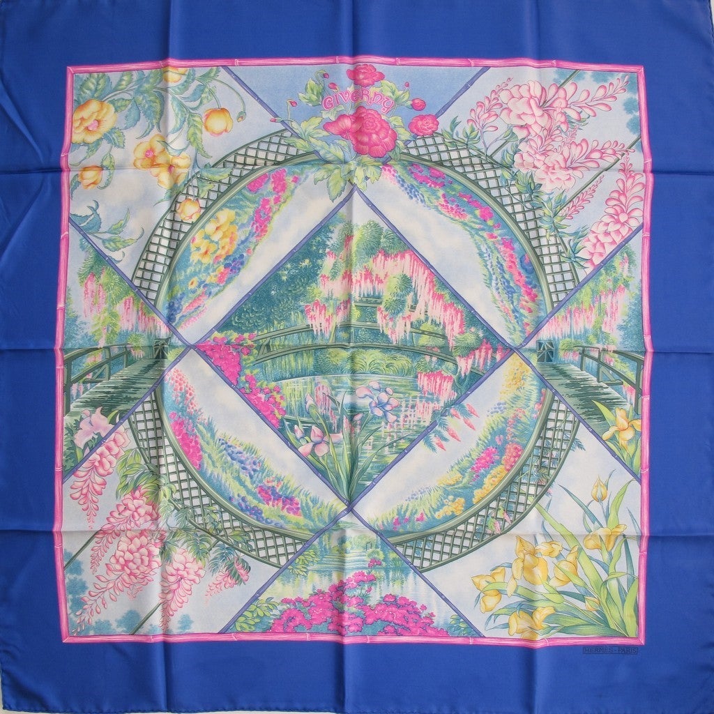 Hermes 1989 Blue The garden of Claude Monet Giverny scarf carre