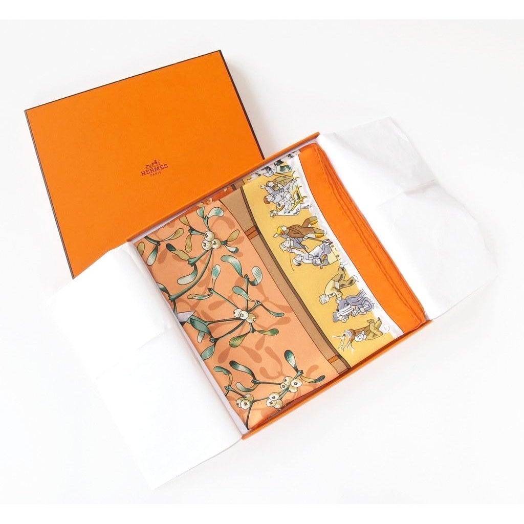 Hermes 1989 Orange Neige D'Antan Blanc Matte Overlay Twill 90, Box! - poupishop