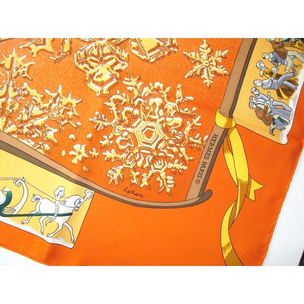 Hermes 1989 Orange Neige D'Antan Blanc Matte Overlay Twill 90, Box! - poupishop