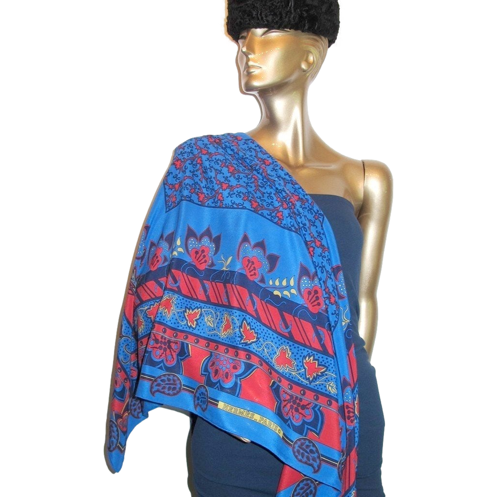 Hermes 1990 Blue/Red Treille Muscade Crepe of Silk 140cm