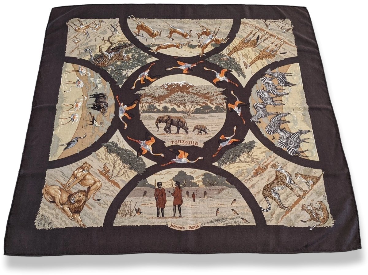 Hermes 1990s Dark Brown/Beige TANZANIE by Robert Dallet Cashmere 90, Lovely Carre!